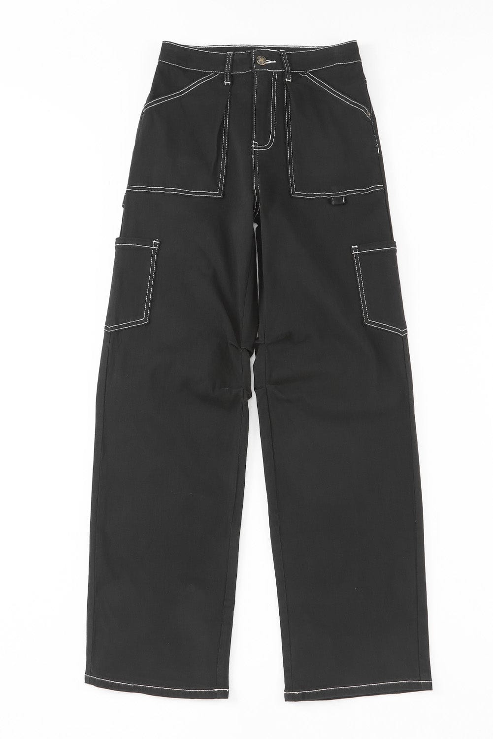 Black Denim Straight Leg Cargo Trousers with High Waist and Pockets