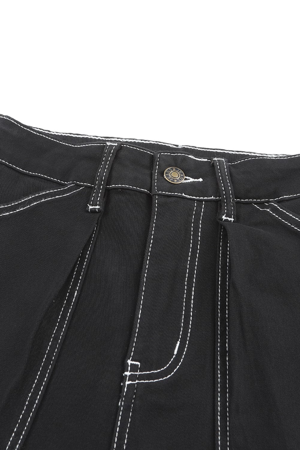 Black Denim Straight Leg Cargo Trousers with High Waist and Pockets