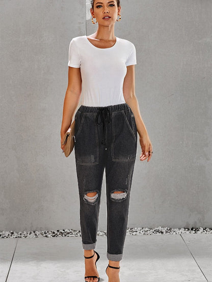 Black Distressed Denim Jogger with Pocket Details