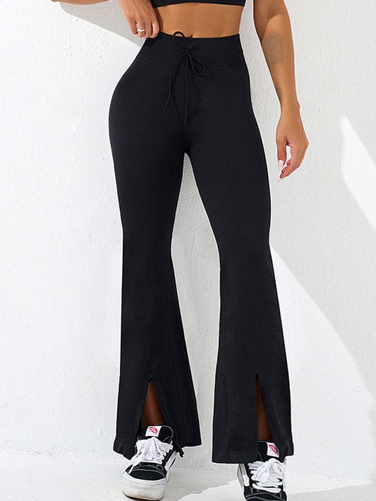 Black Drawstring High Waist Split Yoga Flared Leggings