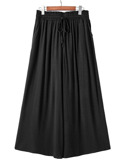Black Drawstring Smocked High Waist Wide Leg Pants