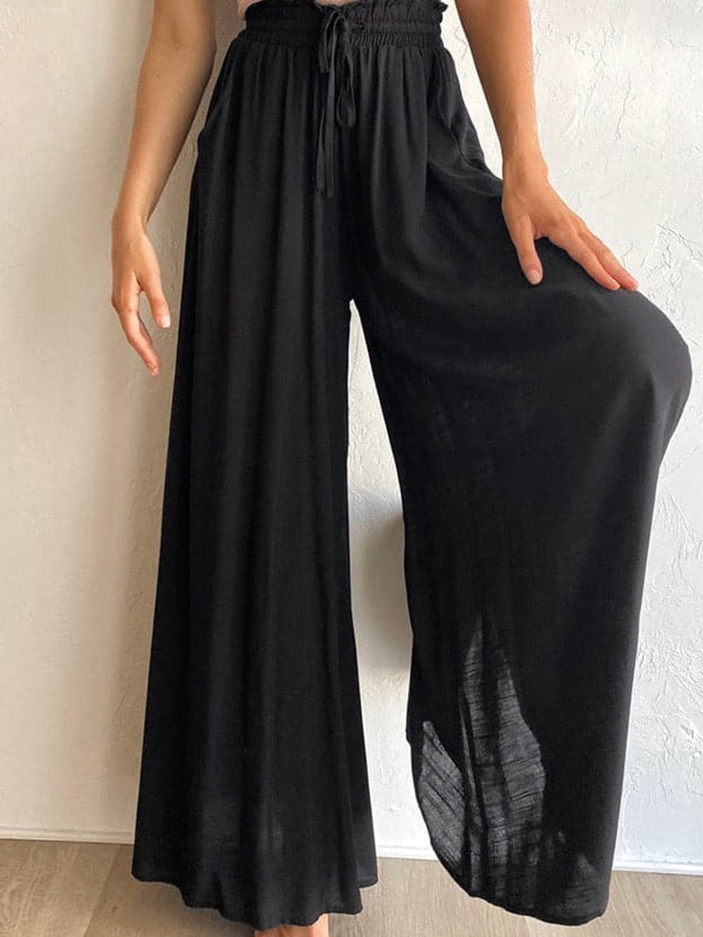 Black Drawstring Smocked High Waist Wide Leg Pants