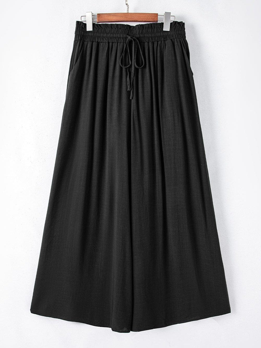 Black Drawstring Smocked High Waist Wide Leg Pants