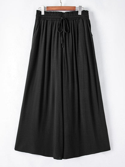 Black Drawstring Smocked High Waist Wide Leg Pants