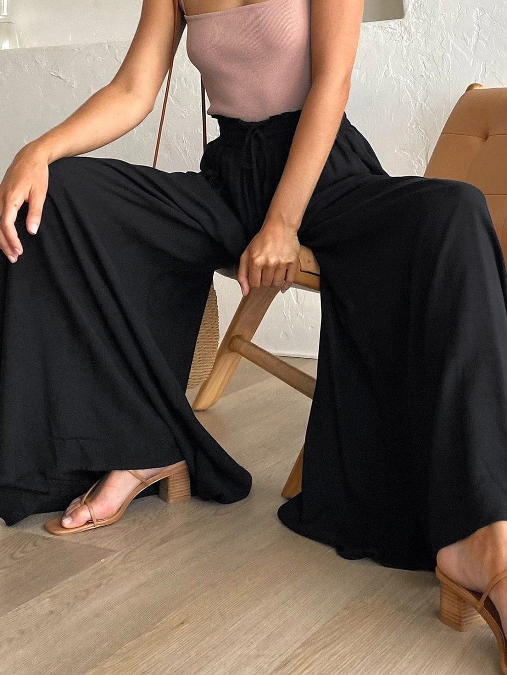 Black Drawstring Smocked High Waist Wide Leg Pants