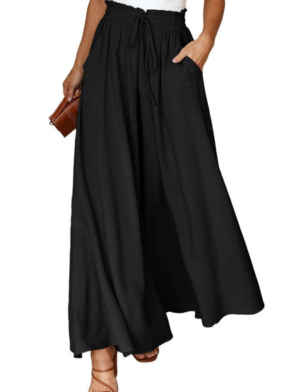 Black Drawstring Smocked High Waist Wide Leg Pants