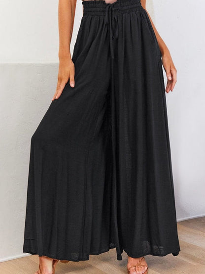 Black Drawstring Smocked High Waist Wide Leg Pants