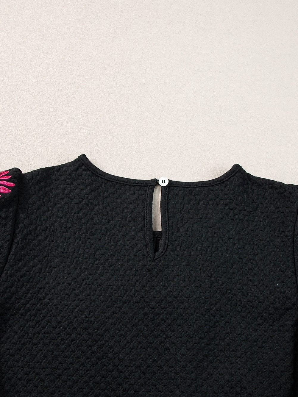 Black Embroidered Floral Puff Sleeve Tee with Textured Detail