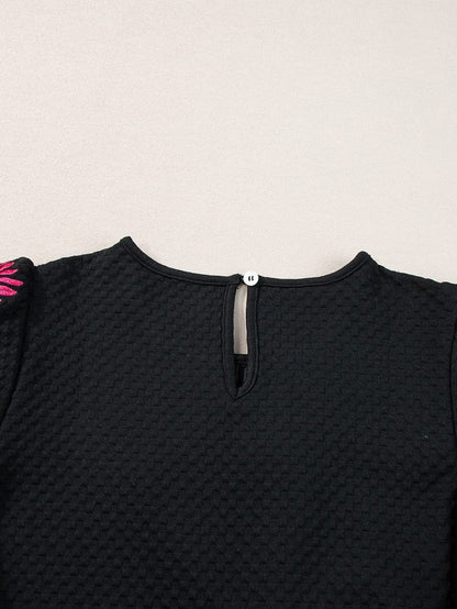 Black Embroidered Floral Puff Sleeve Tee with Textured Detail