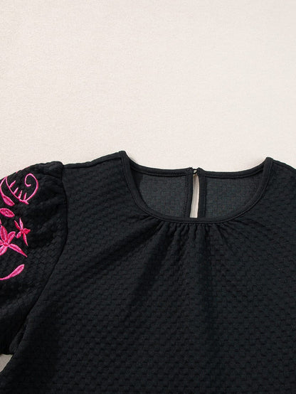 Black Embroidered Floral Puff Sleeve Tee with Textured Detail