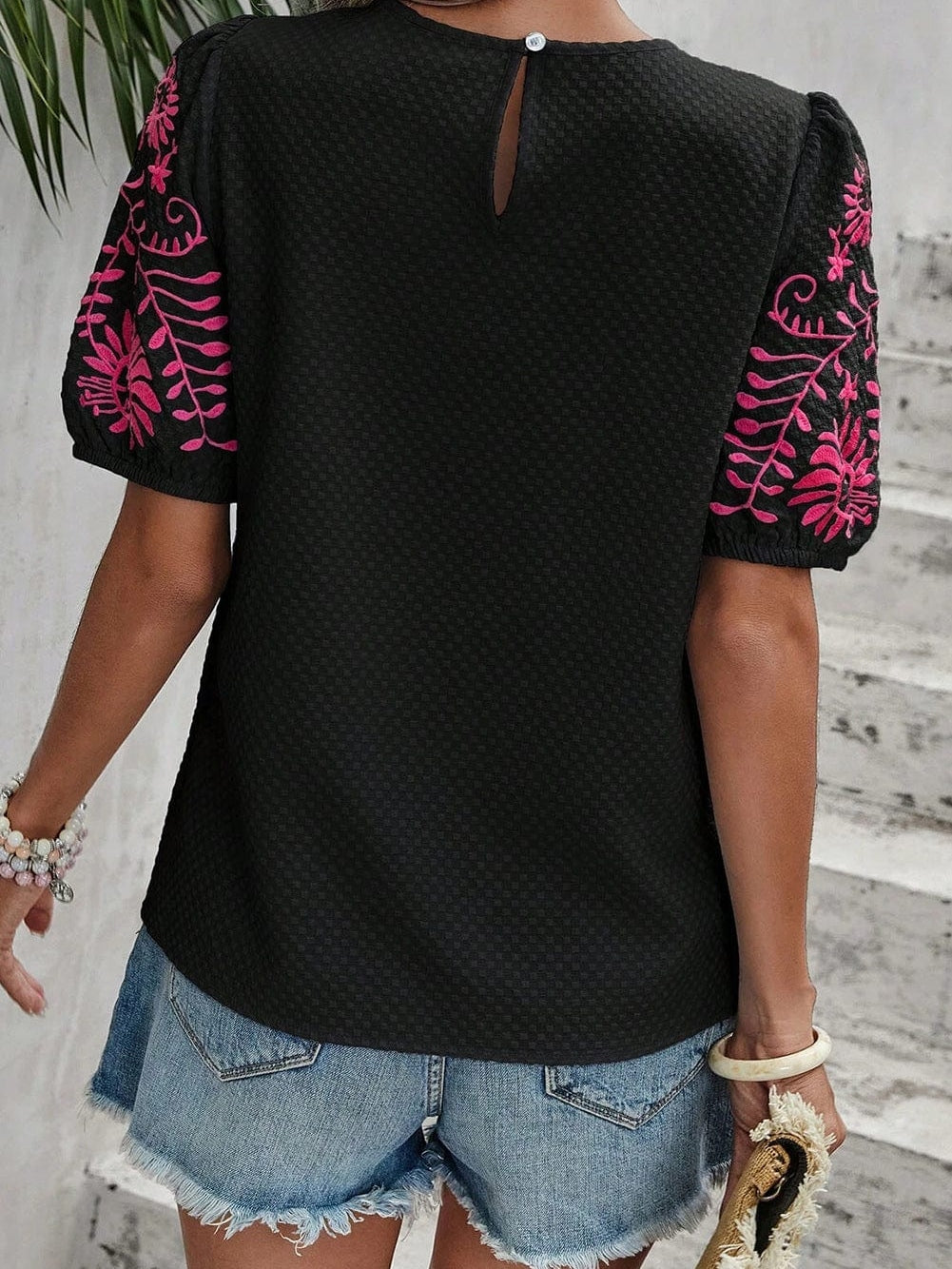 Black Embroidered Floral Puff Sleeve Tee with Textured Detail