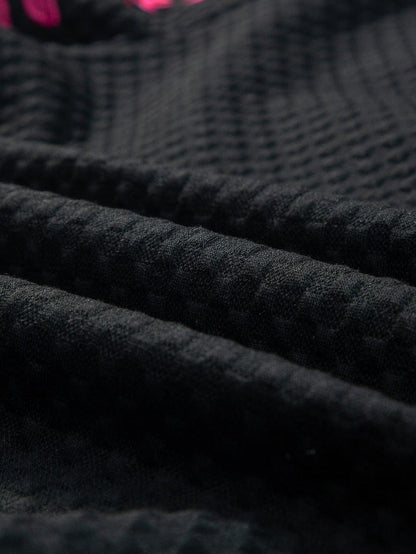 Black Embroidered Floral Puff Sleeve Tee with Textured Detail