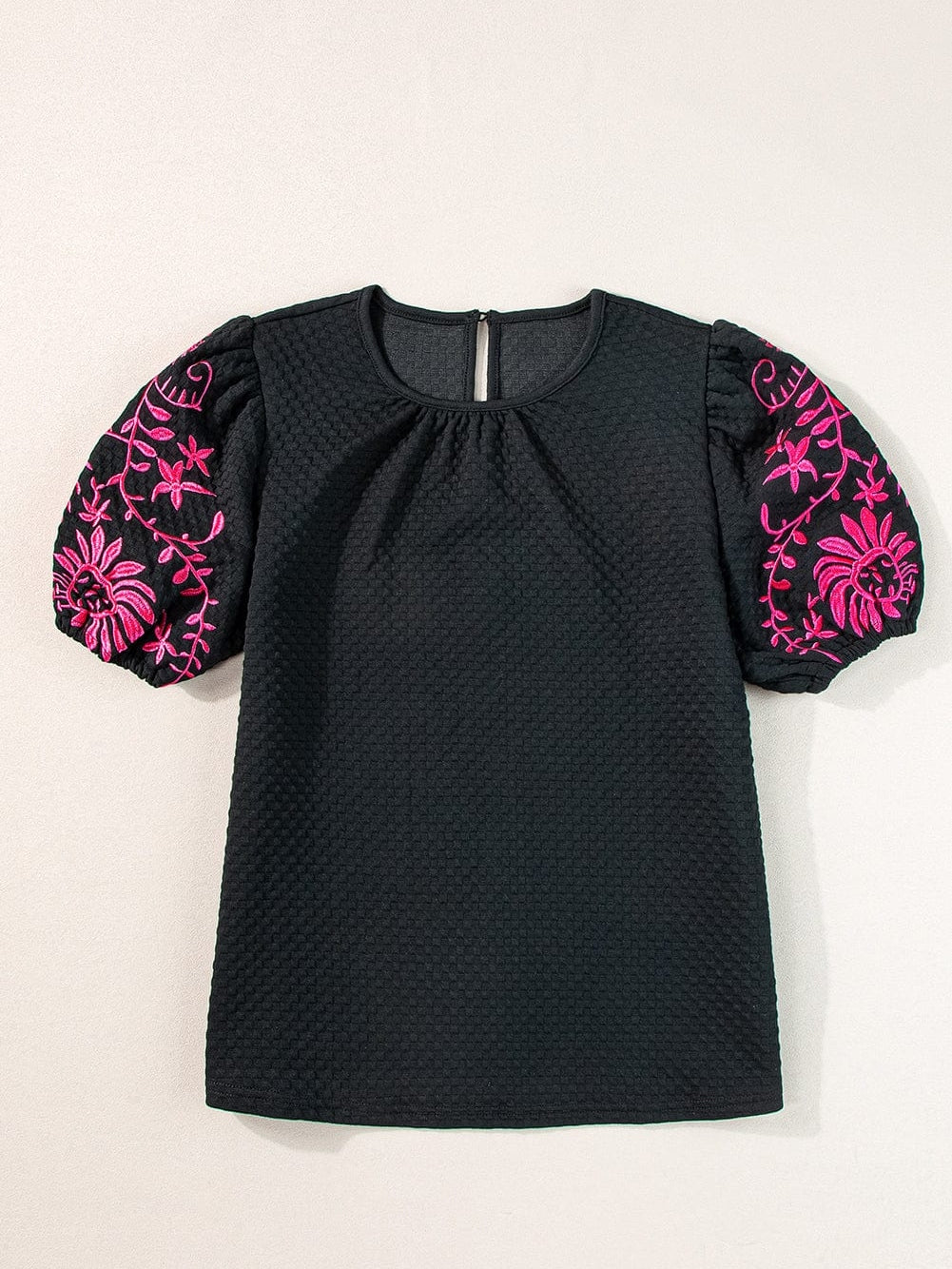 Black Embroidered Floral Puff Sleeve Tee with Textured Detail