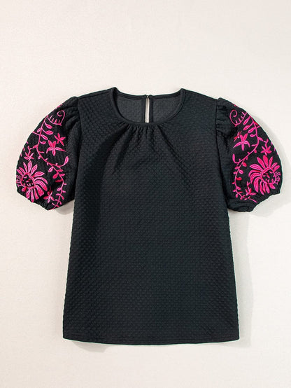 Black Embroidered Floral Puff Sleeve Tee with Textured Detail