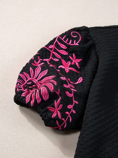 Black Embroidered Floral Puff Sleeve Tee with Textured Detail