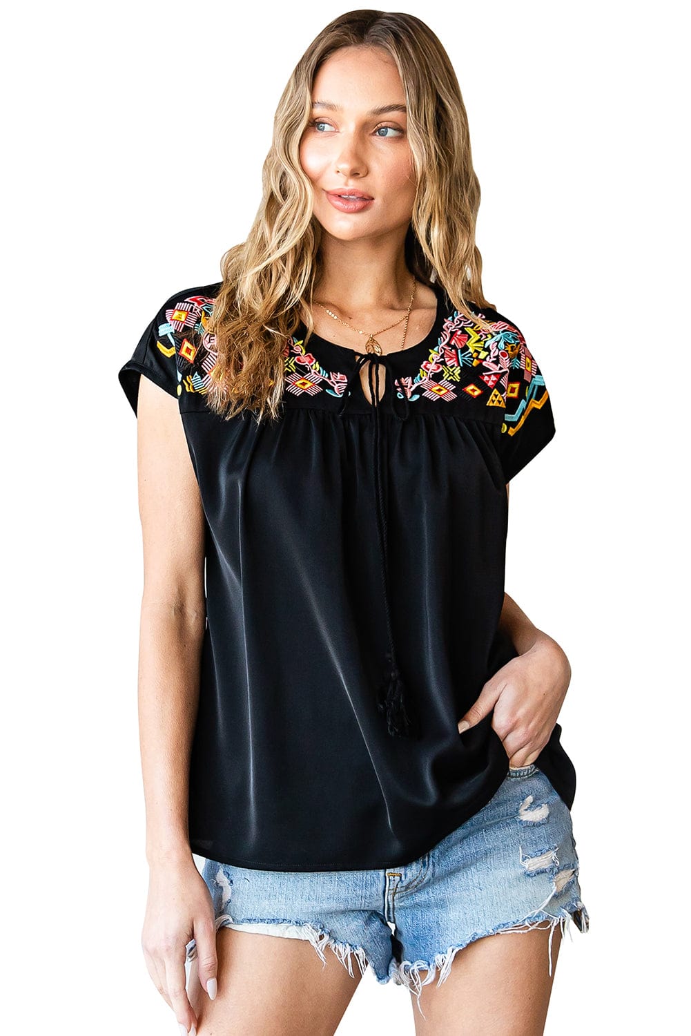 Black Floral Embroidered Boho Blouse with V-Neck and Short Sleeves