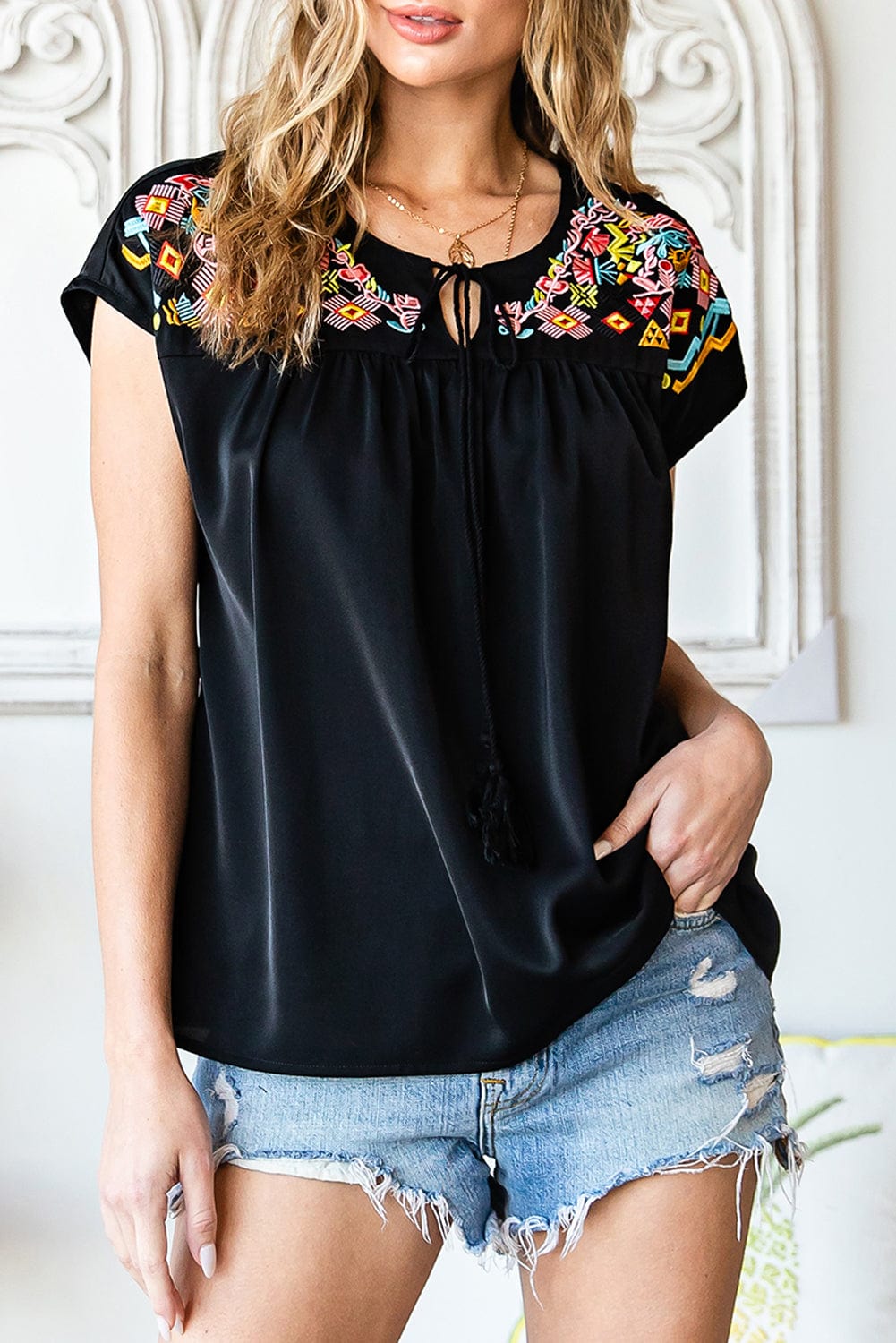 Black Floral Embroidered Boho Blouse with V-Neck and Short Sleeves