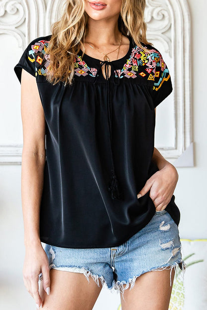 Black Floral Embroidered Boho Blouse with V-Neck and Short Sleeves