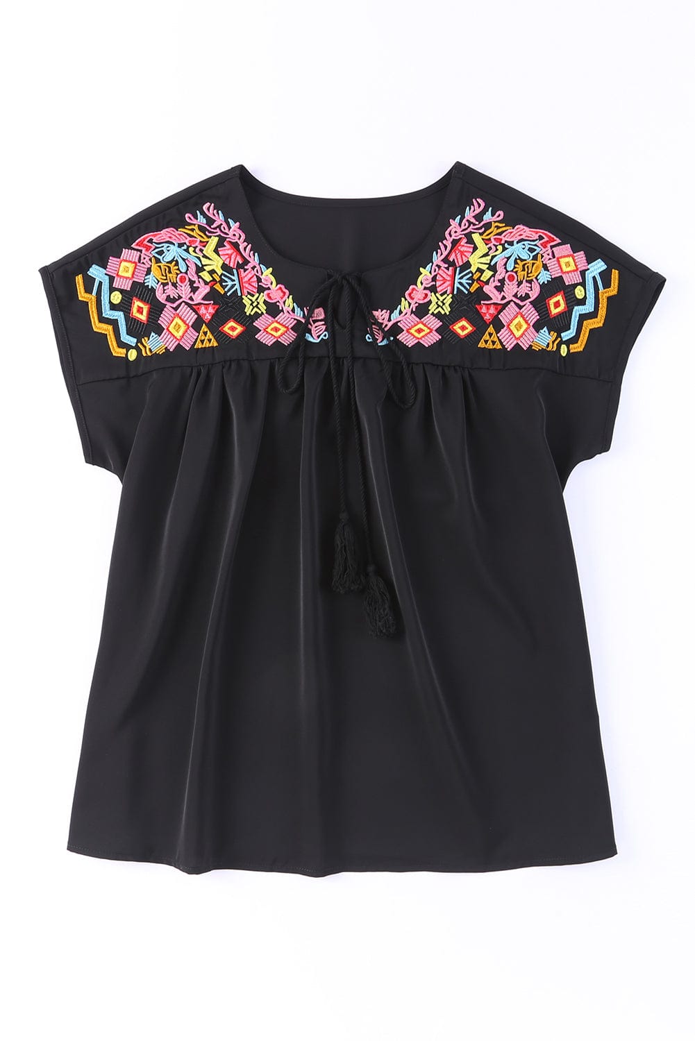 Black Floral Embroidered Boho Blouse with V-Neck and Short Sleeves