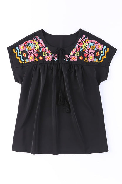 Black Floral Embroidered Boho Blouse with V-Neck and Short Sleeves