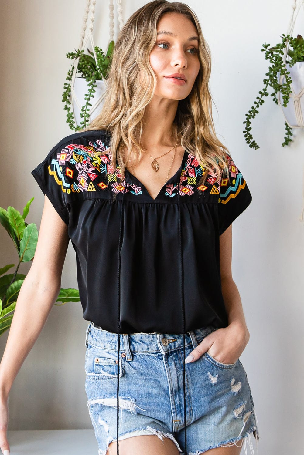 Black Floral Embroidered Boho Blouse with V-Neck and Short Sleeves