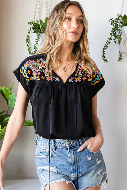 Black Floral Embroidered Boho Blouse with V-Neck and Short Sleeves