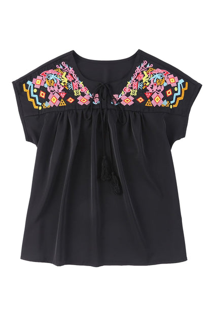 Black Floral Embroidered Boho Blouse with V-Neck and Short Sleeves