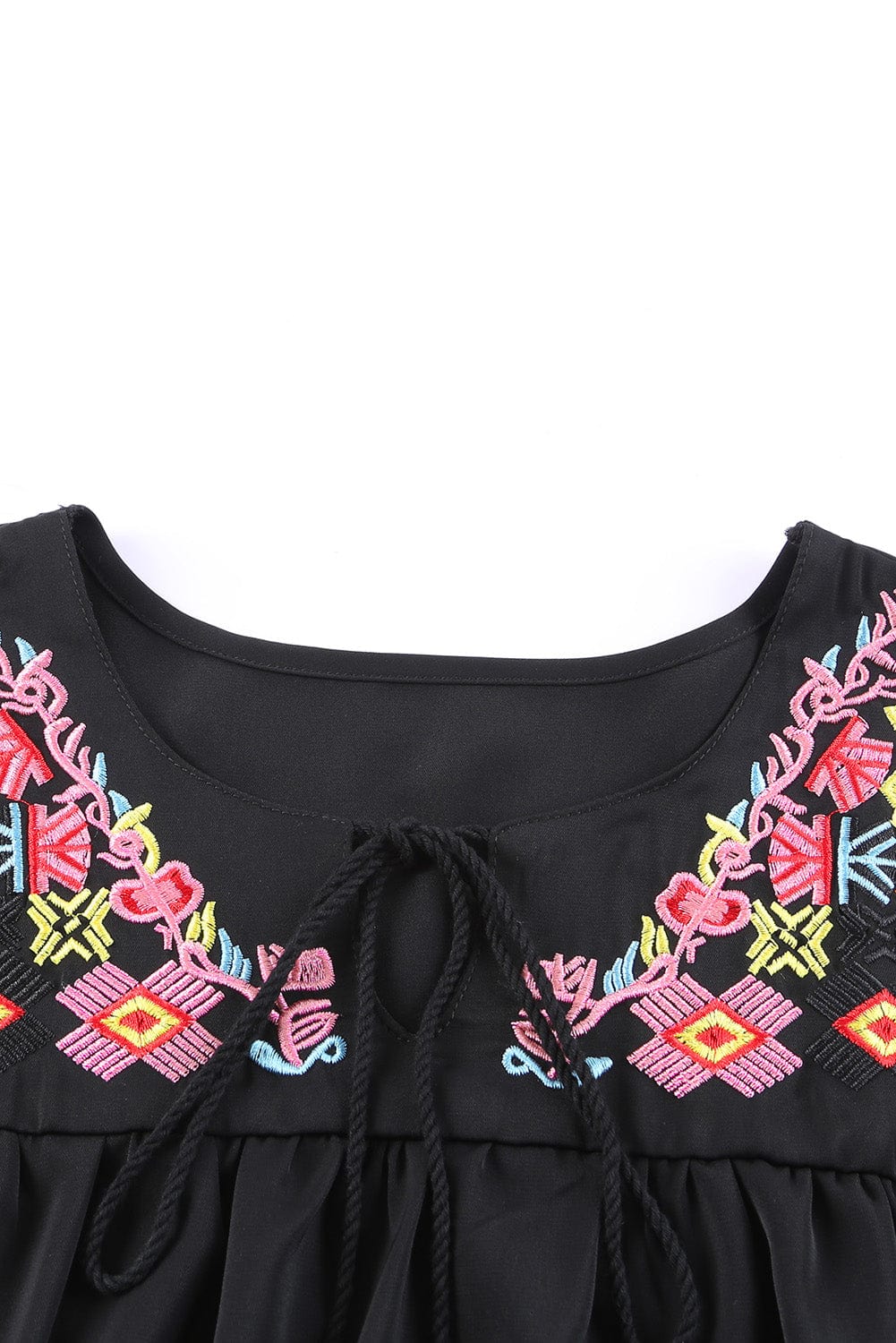 Black Floral Embroidered Boho Blouse with V-Neck and Short Sleeves