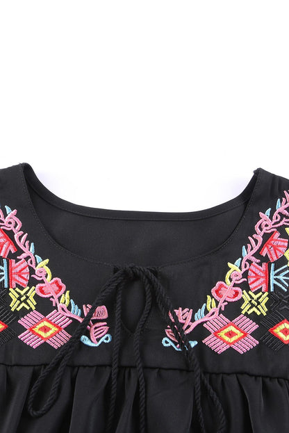 Black Floral Embroidered Boho Blouse with V-Neck and Short Sleeves