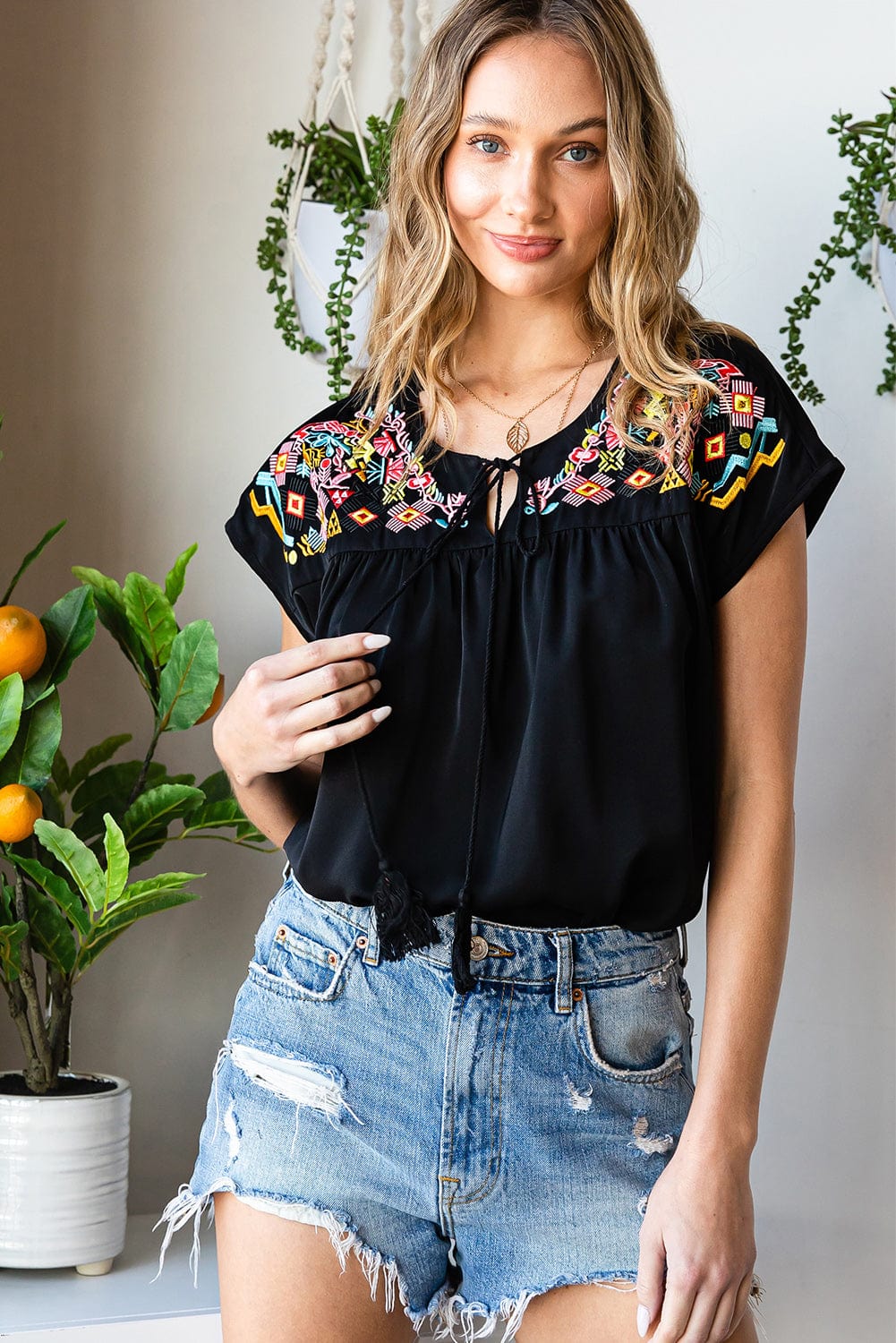 Black Floral Embroidered Boho Blouse with V-Neck and Short Sleeves
