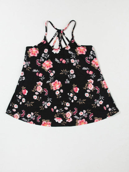 Black Floral Strappy Back Tank Top