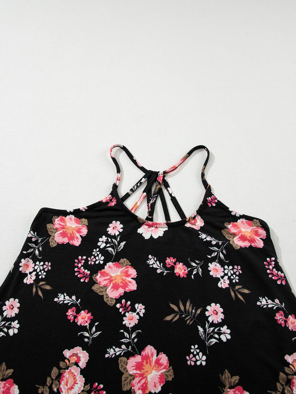 Black Floral Strappy Back Tank Top
