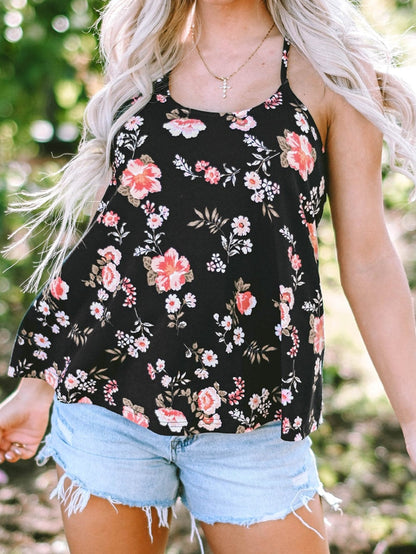 Black Floral Strappy Back Tank Top
