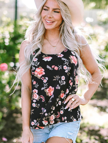Black Floral Strappy Back Tank Top