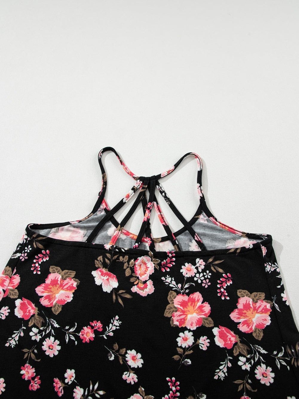 Black Floral Strappy Back Tank Top