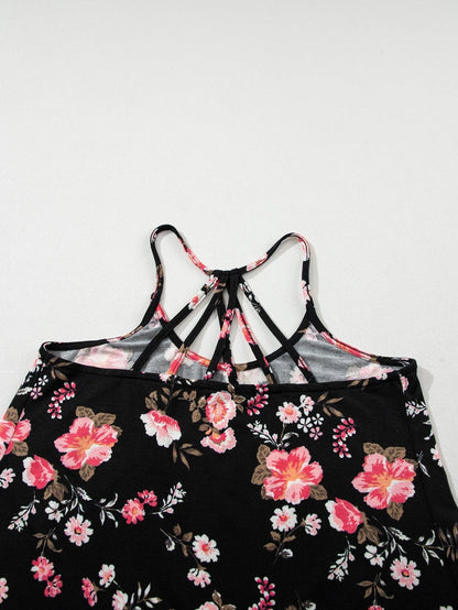 Black Floral Strappy Back Tank Top