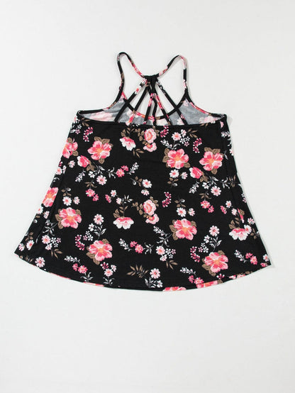 Black Floral Strappy Back Tank Top