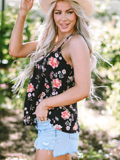 Black Floral Strappy Back Tank Top