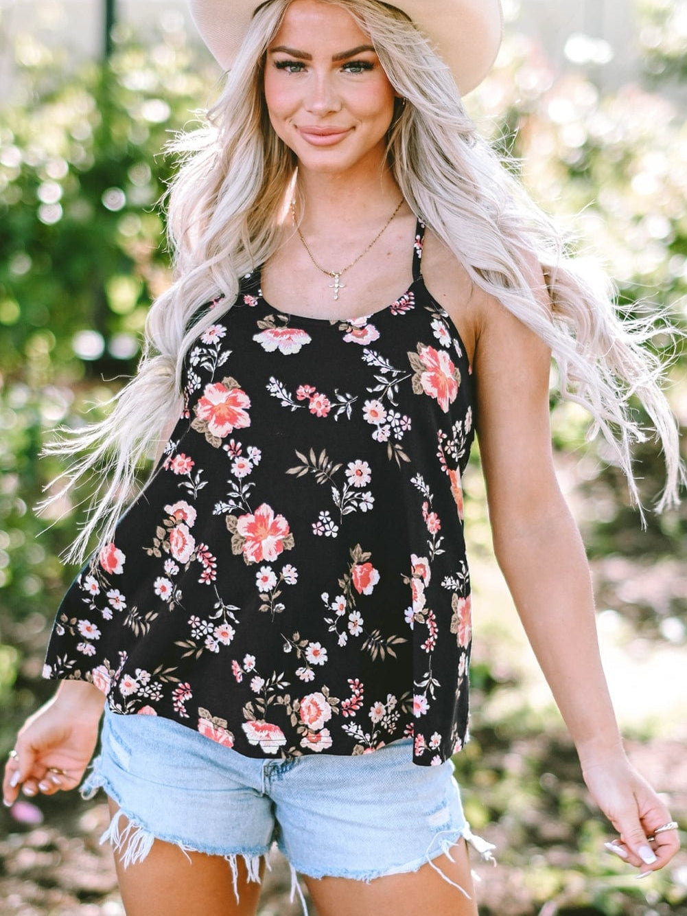 Black Floral Strappy Back Tank Top