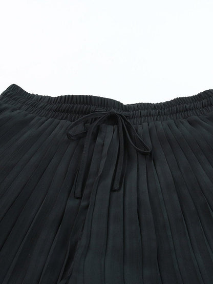 Black Flowy Pleated Shorts with Drawstring Waist