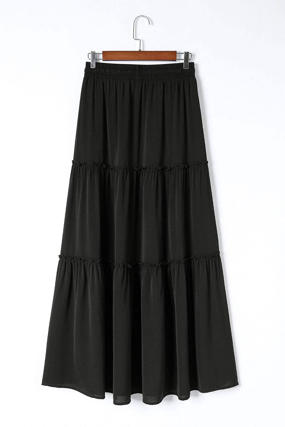 Black Frill Tiered Drawstring Waist Maxi Skirt