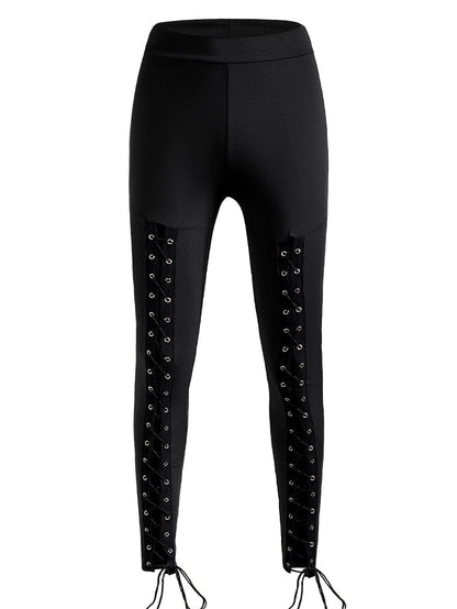 Black Front Lace-Up Grommet Leggings with Silver Hardware