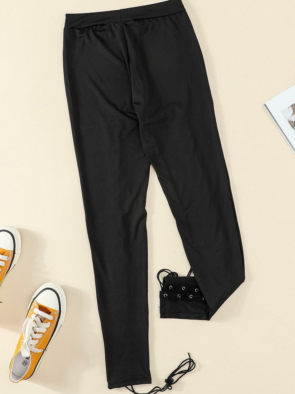 Black Front Lace-Up Grommet Leggings with Silver Hardware