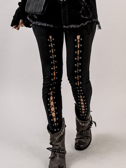 Black Front Lace-Up Grommet Leggings with Silver Hardware
