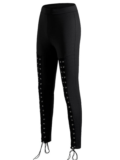 Black Front Lace-Up Grommet Leggings with Silver Hardware