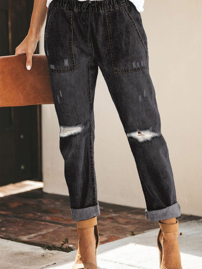 Black Gather Round Distressed Pocketed Denim Jogger