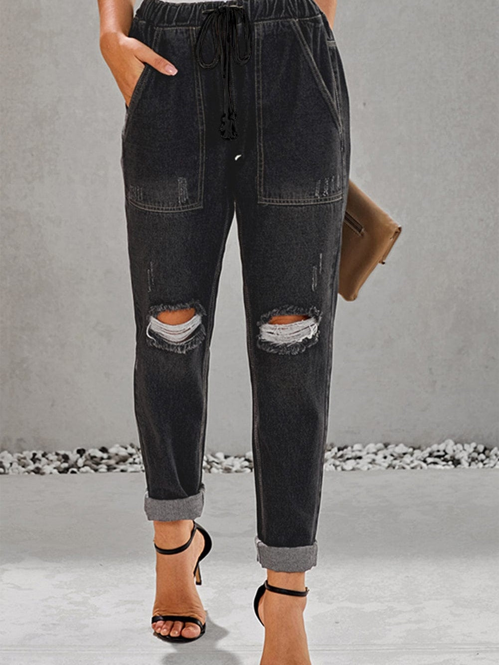 Black Gather Round Distressed Pocketed Denim Jogger