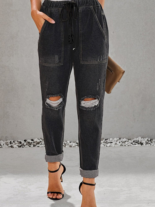 Black Gather Round Distressed Pocketed Denim Jogger