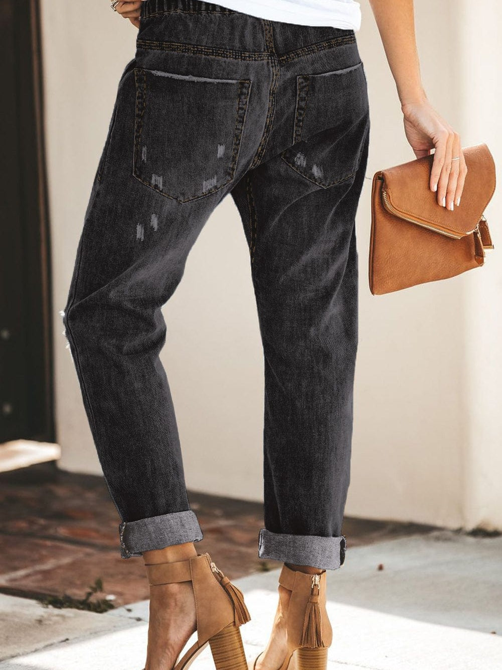 Black Gather Round Distressed Pocketed Denim Jogger