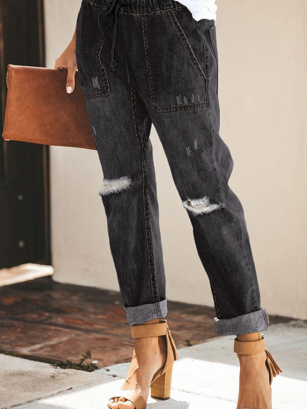 Black Gather Round Distressed Pocketed Denim Jogger